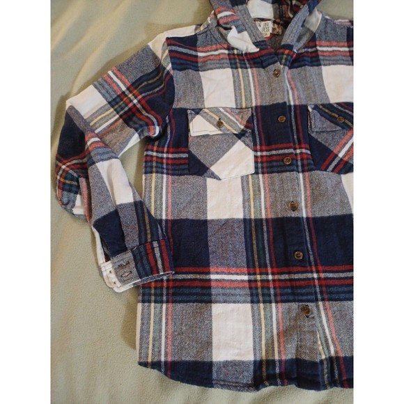 Pink Rose womens Plaid Hooded Flannel Shirt Size Small Button Up White blue red - Picture 3 of 7